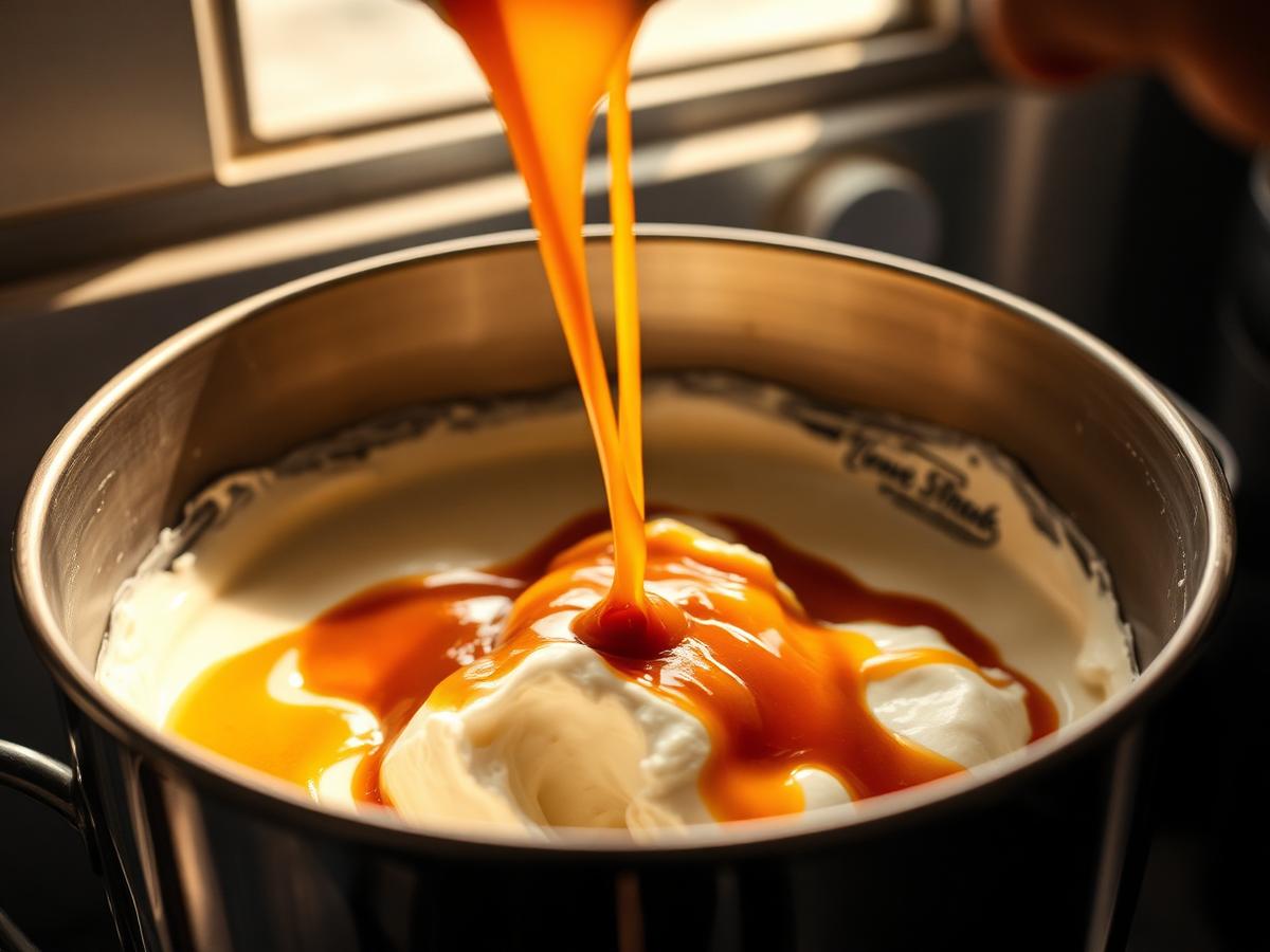 Caramel being swirled into fresh cream in a steel vat