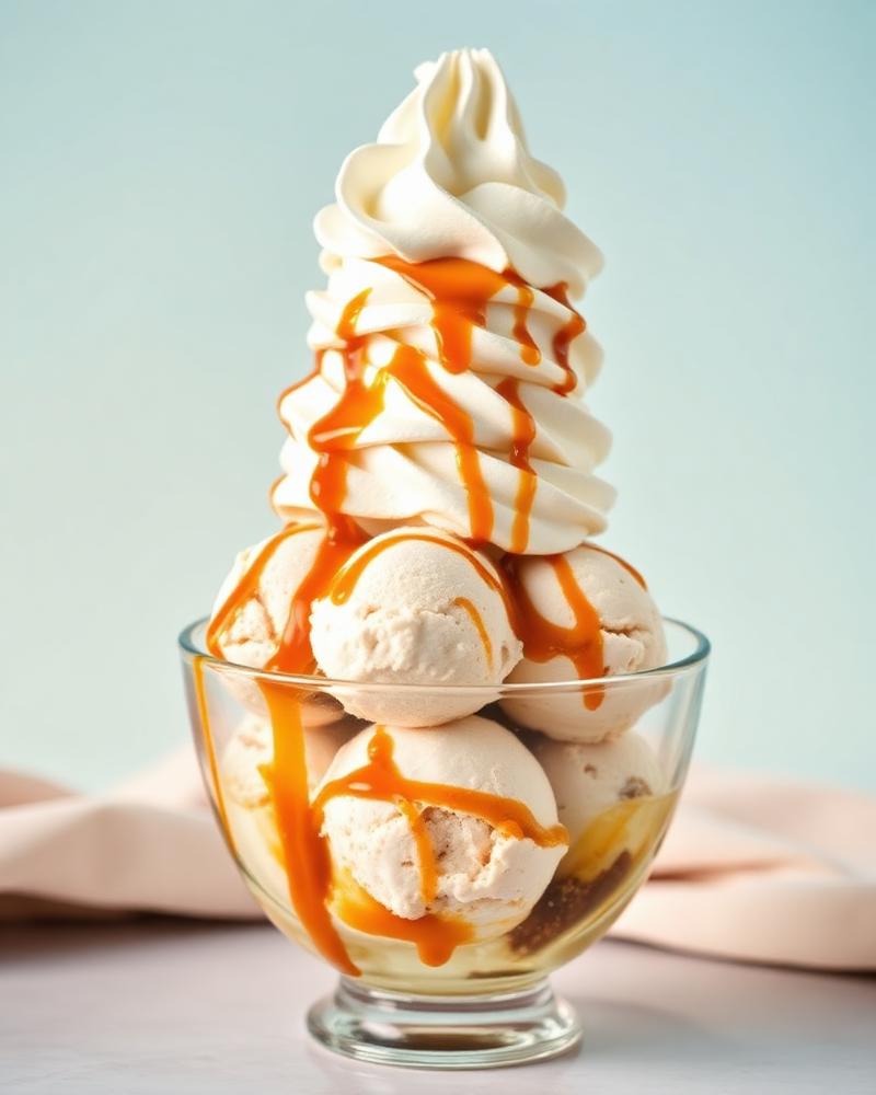 Artisan ice cream sundae with caramel drizzle and whipped cream
